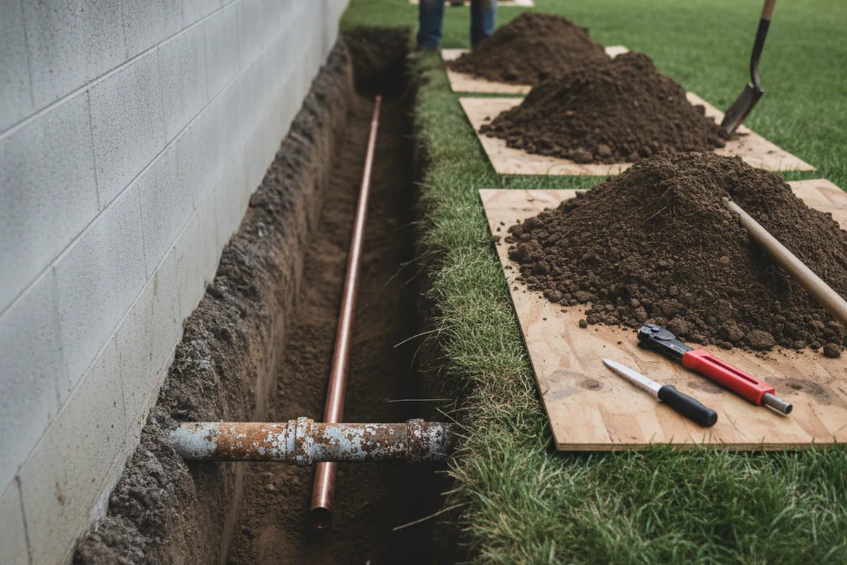 Excavated water line trench during Sewer Line Repair in Central Village